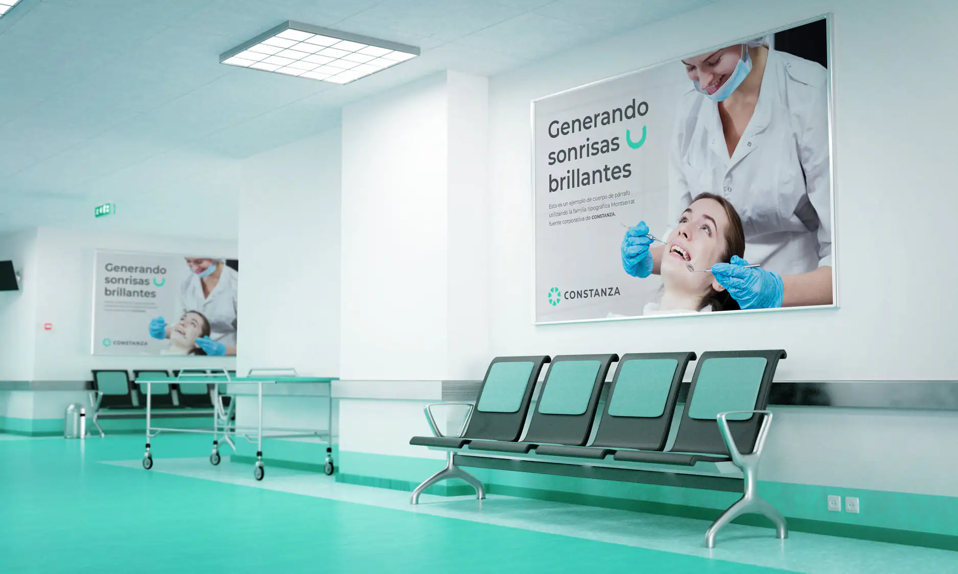 Mockup con 2 banners institucionales dentro de una sala de espera de una clínica, para la imágen de marca de Constanza Centro Odontológico